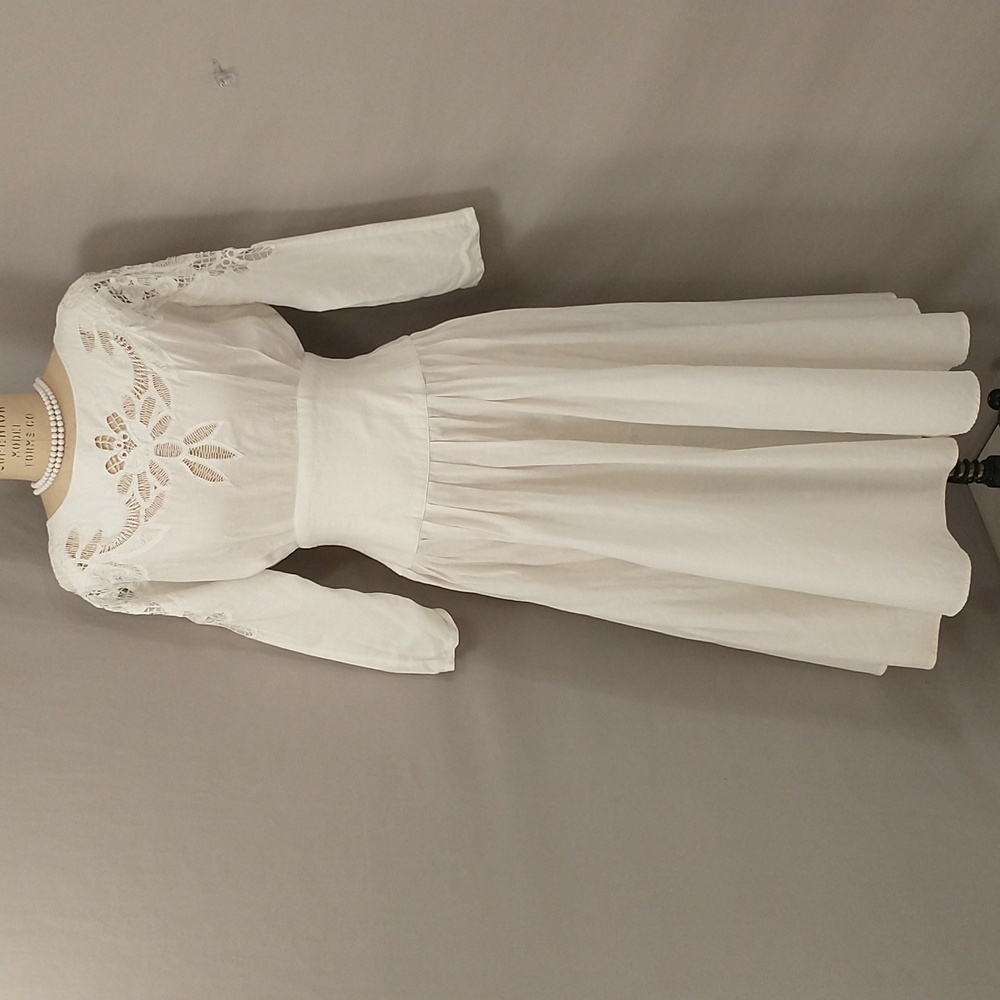 Vintage Nancy Johnson White Dress Circle Skirt Wide Waist Lace Detail Pockets - Picture 2 of 13